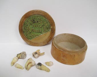 Vintage Tooth Powder Wooden Jar, Wood Teeth Paste Box, Wooden Dental Care, + 7 Real Human Teeth