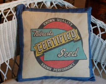 Vintage Seed Sack Pillow Cover - blue denim