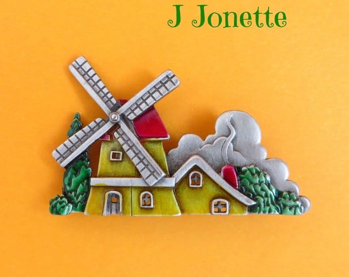 Vintage Pewter Brooch, J Jonette (JJ) Windmill Brooch, Enameled Dutch Windmill Pin, Gift Idea, Gift Box, FREE SHIPPING