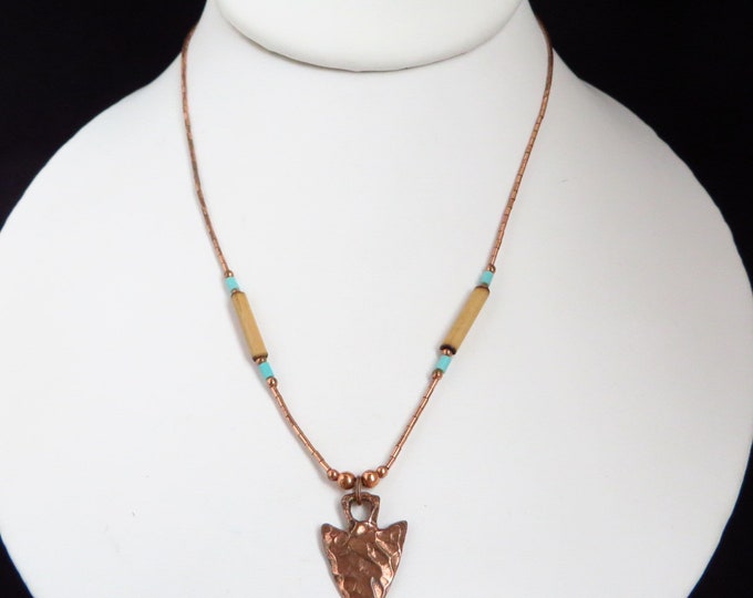 Vintage Copper Arrowhead Pendant Necklace, 1970s Hippie Jewelry