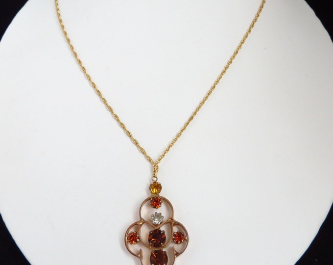 Vintage Orange Rhinestone Pendant, Gold Filled Chain Link Necklace, 24" Length
