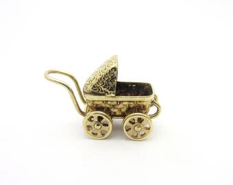 Baby Carriage Articulated Charm Textured Details 14k Yellow Gold Vintage Pendant