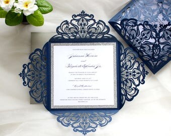 Navy and Silver Wedding Invitations, Navy Wedding Invites, Navy Wedding Invitation, Glitter Invitation, Navy Blue, Set of 10, SKU: LCI001