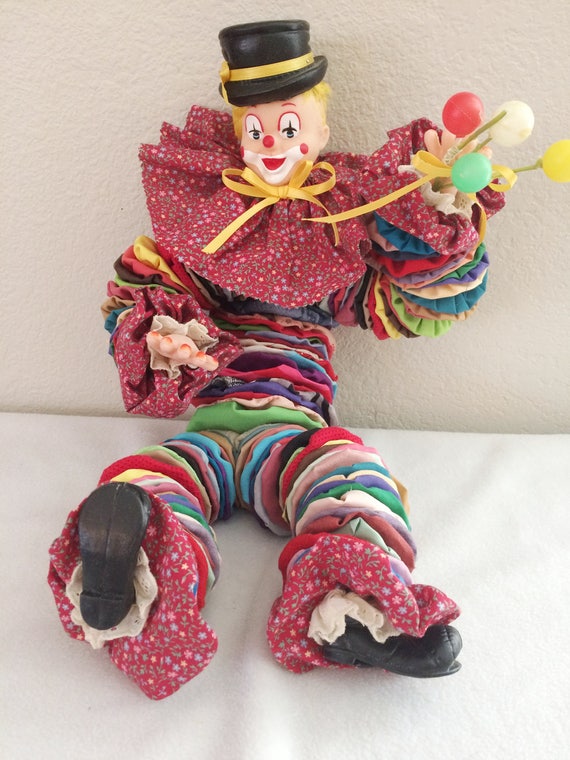 Vintage YOYO DOLL Fabric Quilt Clown Cute Painted Face