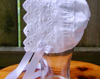 Newborn White Eyelet Baby Bonnet, Upcycled Baby Bonnet, Embroidered White Baby Bonnet, Cotton Baby Bonnet, Baby Sun Hat, Christening Bonnet