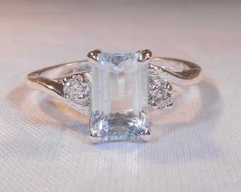 Natural AAA Quality Emerald Cut Aquamarine Ring|Sterling Silver Aquamarine Ring|8x7mm Aquamarine Lab Diamond Accent Ring|March Birthstone