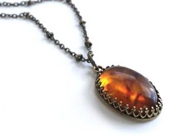 Amber Necklace, Long Brass Chain, Adult Amber Pendant, Oval Orange Stone Necklace, Hand Made Bronze Jewelry