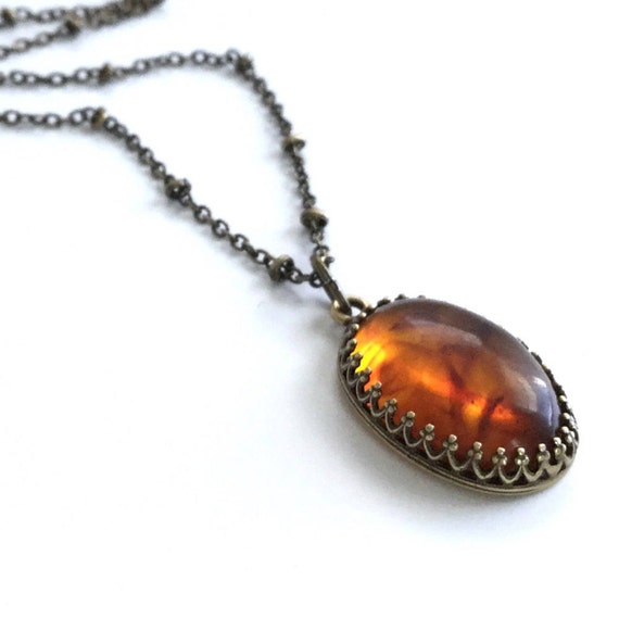 Amber Necklace Long Brass Chain Adult Amber Pendant Oval