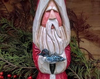 Carved Wooden Santa with Loon