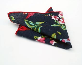 Dark blue bird pocket square - red edge