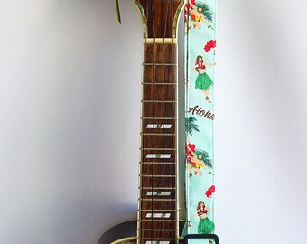 Ukulele strap (ribbon lei flower included)/ Mint green hula girl A / hawaiian fabric /ukulele accessory / instrument strap