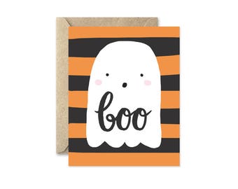Ghost Halloween Card, Orange and Black Stripes, Boo