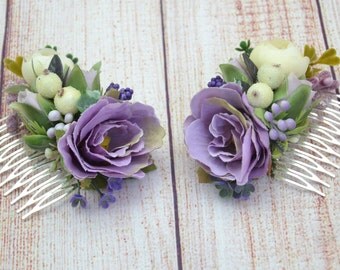 Dusty purple ivory hair comb Flower headpiece Bridal hair accessories Wedding flower comb Bridesmaid hair comb Blush purple flower hair comb