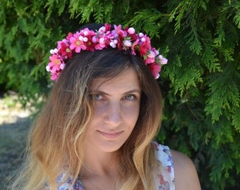 Pink Flower crown Wedding flower crown Wedding flower headband Pink Bridal flower crown Bridal floral head wreath Wedding flower halo