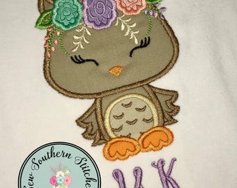 Floral Owl Applique Design ~ Owl with Floral Crown ~ Instant Download