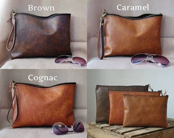 Leather zipper clutch, leather clutch bag, brown leather clutch, 3 colors