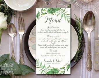 leafy wedding menu printable wedding menu green wedding greenery botanical leafy wreath watercolor green leaves wedding decor diy invitation