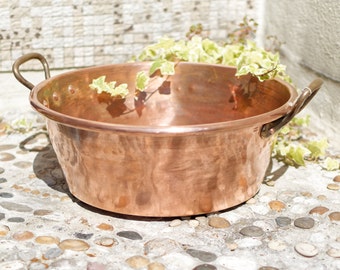 Large French Antique VILLEDIEU Roll Top Rim Artisanal Hammered Copper ~ Cuivre Jam Pan ~ Confiture Pan ~ Refurbished Polished
