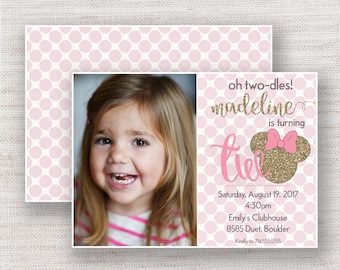 Minnie Mouse Oh Twodles Birthday Invitations | Polka Dots Girls Party Invitation | Gold and Pink | Oh Toodles | Picture | Photo | 2nd Second