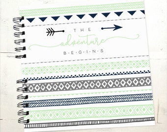 Baby Book | Baby Memory Album | Navy Mint Tribal Arrow Monogram Personalized Wire Bound Baby Memory Book Keepsake Album