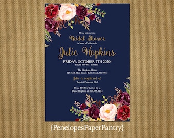 Elegant Rustic Fall Bridal Shower Invitation,Navy,Burgundy,Marsala,Blush,Gold Print,Rustic,Personalize,Custom,Printed Invitation,Envelopes
