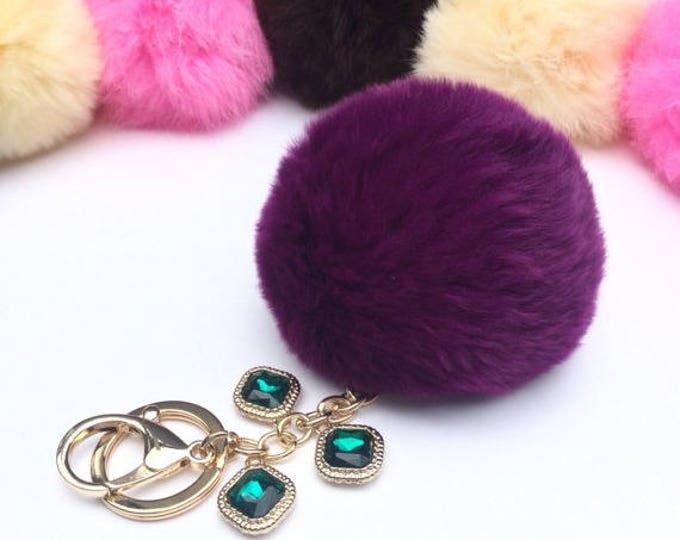Customer request inspired PURPLE GREEN fur pom pom keychain Rabbit real fur puff ball
