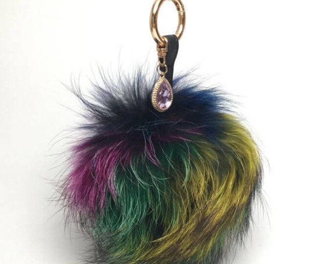NEW Tropical Swirl™ Multi Color Raccoon Fur Pom Pom bag charm clover flower charm keychain piece piece no.603