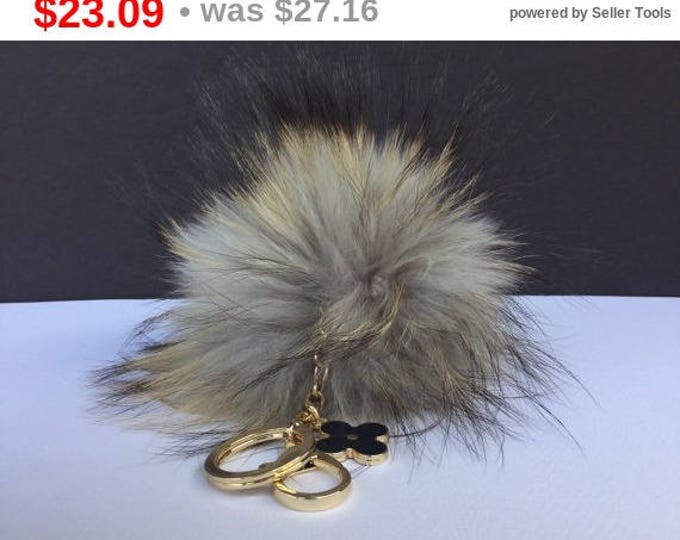 Gray with natural markings Raccoon Fur Pom Pom luxury bag pendant + black flower clover charm keychain