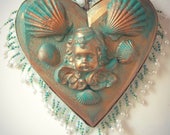 Cupid Heart Ornament Baroque Rococo Original OOAK Angel Wings Shell Wall Art Gold Green Ready To Hang Gift