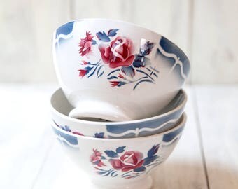3 Vintage French Cafe au Lait Bowls - Digoin - Pretty Roses and Carnation - Shabby and Country Kitchen - Free Shipping With the USA