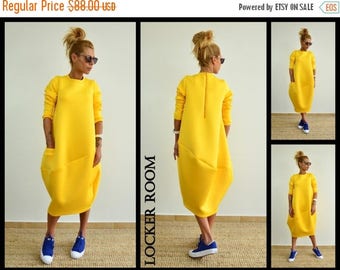 ON SALE Oversize neoprene dress / Plus size dress / Maxi long tunic / Long sleeves yellow top/maternity dress