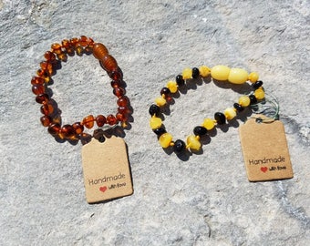 Real Baltic Amber Teething Bracelet or Anklet. Organic Hazelwood and Raw Amber. Helpful for Baby Teething Symptoms, Baby Gift. Twins