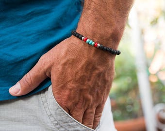 Mens Black Lava Bracelet, Turquoise Red Coral Bracelet, Mens Bracelet, Mens Beaded Bracelet, Red Coral Bracelet, Turquoise Bracelet, 6mm