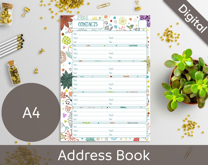 A4 Address Book Pages Printable, Contact Pages, Planner Refill, Insert, 2 layouts, Syasia Cute Floral, DIY Planner PDF Instant Download