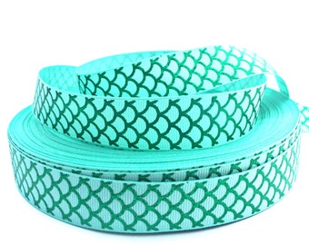 Mermaid Ribbon, Mermaid Grosgrain, Mermaid Print Ribbon, Mermaid Theme Ribbon, Mermaid Items, Mermaid Craft, Green Ribbon, Aqua Ribbon