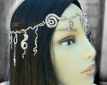 Medusa Snake Headdress, Silver Snake Head Chain, Pagan Serpent Headpiece, Wicca Snake Circlet, Tribal Native Headpiece, Goth Snake Crown