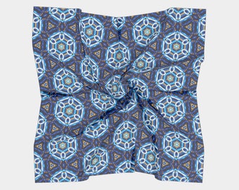 16"x16" - Small Square Scarf - Blue and Gold Geometric 'Beaded' print. Inspired by Beadwork/Beading