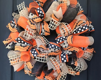 Halloween wreath - fall wreath - halloween decor - halloween - halloween door - fall door - orange and black wreath - fall burlap wreath