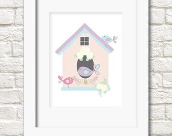 A4 bird house print girls wall art
