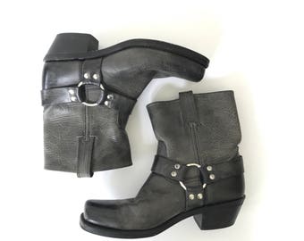 Women's Size 9 Grey Leather Ankle Boots, Chunky Heel Boots, Frye Harness Boots