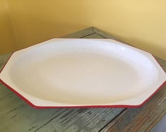 Vintage Large Red & White Enamel Octagon Tray Platter