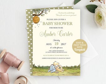 Classic Pooh Invitation, Winnie The Pooh Baby Shower Invitation, Pooh Invitation, Birthday Invitation, INSTANT DOWNLOAD, Vintage Pooh Bear