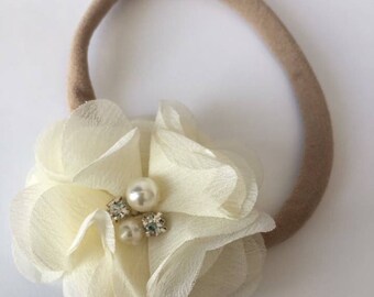 Chiffon Floral Nylon Headband - ivory