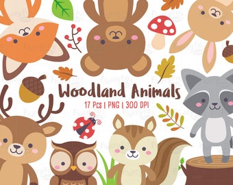 Woodland Animals Clipart, Forest Animal Clip Art, Wild Cute Colorful Fox Deer Squirrel Raccon Rabbit Owl Deer Bear Graphic PNG Download