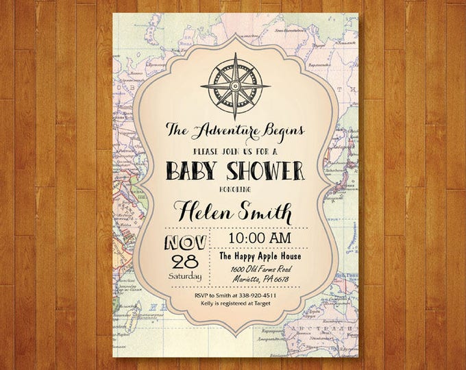 Adventure Baby Shower Invitation. Map Travel Baby Shower Invitation. World Baby Shower Invite. Around the World. Printable Digital.