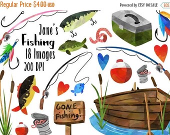 50% OFF Fishing Clipart - Fishing Items Download - Instant Download - Watercolor Fishing Supplies - Lures - Rods - Boat