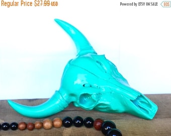 ON SALE Mint Green Cow Skull - Faux Taxidermy - Bohemian Bedroom Decor - Bison Skull - Gypsy Boho Decor - Cow Skull Decor - Boho Chic Wall D