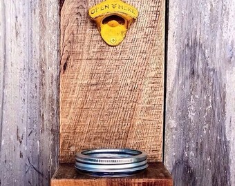 ON SALE Mason Jar Bottle Opener - Wall Mounted - Groomsmen Gift - Rustic Beer Opener - Bottle Cap Catcher - Groomsman Gift - Boyfriend Gift