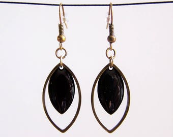 Brass ring and sequin black enamel earrings
