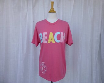 Vintage 80s Summer 1987 Beach Cotton Unisex T-Shirt M/L Pink Stretchy Laughing-Stock Graphic Print Hanes Preppy Hipster Resort USA Glam Garb